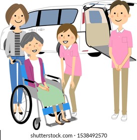 This is an illustration of elderly people, care staff and welfare vehicles in wheelchairs.