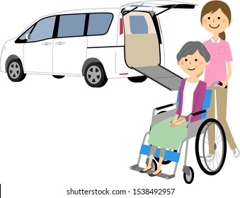 This Is An Illustration Of Elderly People, Care Staff And Welfare Vehicles In Wheelchairs.