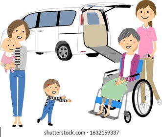 This is an illustration of elderly people, care staff and welfare vehicles in wheelchairs.