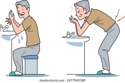 Esta es una ilustración de una persona mayor que tiene problemas con la altura del lavabo que no encaja correctamente.