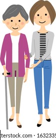 This is an illustration of an elderly person receiving walking assistance from a caregiver.