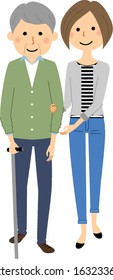 This is an illustration of an elderly person receiving walking assistance from a caregiver.
