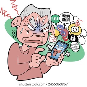 This is an illustration of an elderly person who finds it troublesome to use a smartphone.