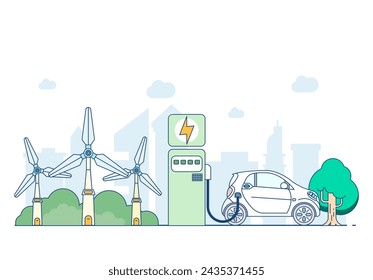 This is an illustration of electric cars and electric car charging. The illustration shows wind power, tree lights, and it is a color drawing. Eco Friendly City