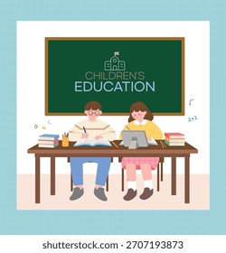 Esta é uma ilustração de um estudante do ensino fundamental estudando em uma escrivaninha.