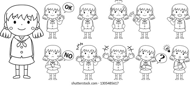 This is an illustration of emotional expressions of pig tails female students.