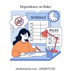 This illustration explores the authoritarian parenting style, focusing on the stress of strict rules and schedules. The character's concern reflects the impact of excessive control on personal