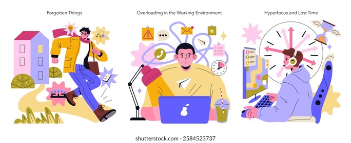 This illustration explores the challenges of ADHD, showcasing moments like forgetting tasks, feeling overwhelmed in a working environment, and experiencing hyperfocus. It highlights the complexity of