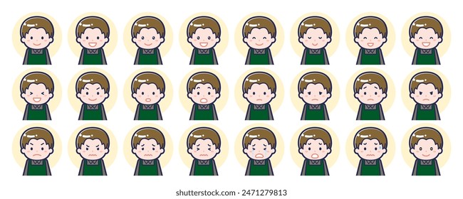 This is an illustration of a facial expression set for a male cafe clerk.