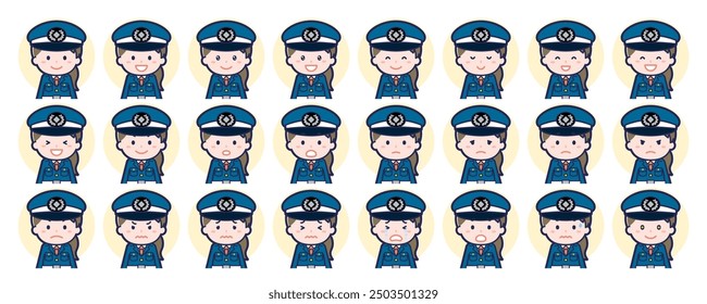 This is an illustration of a facial expression set for a female security guard.