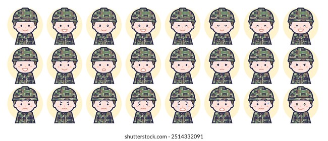 This is an illustration of a facial expression set for a male Self-Defense Force member.