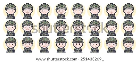 This is an illustration of a facial expression set for a male Self-Defense Force member.