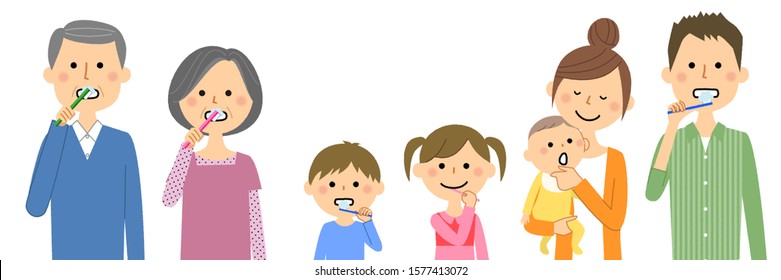 This is an illustration of a family brushing their teeth together.