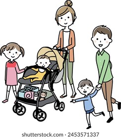 Esta es una ilustración de una familia saliendo con un cochecito.