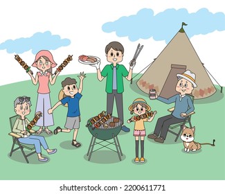 This is an illustration of a family of three households and a pet dog having a fun barbecue at a campsite.