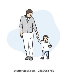 This is an illustration of a father and son walking down the street in a friendly manner.