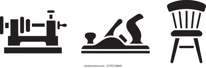 This illustration features 3 detailed silhouette icons representing essential woodworking elements: a wood lathe, a classic hand plane, and a traditional spind.