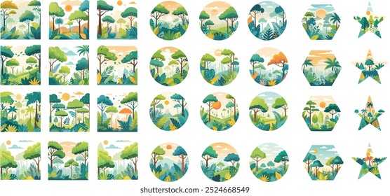 This illustration features 32 unique trees in a vibrant jungle, showcasing diverse shapes and lush foliage that capture the essence of biodiversity and the richness of nature.