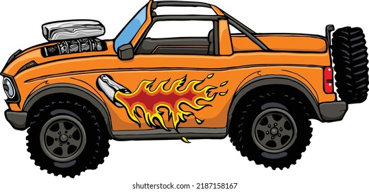 This illustration features a 4x4 suv with a large engine and flamming exhaust pipe.