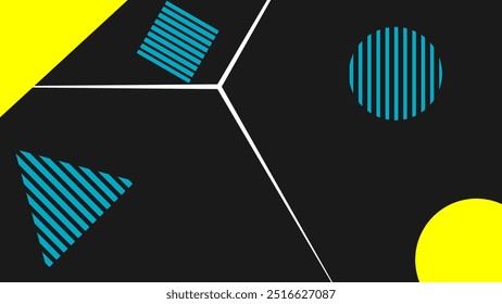 This illustration features an abstract design with geometric shapes. There are triangles and circles lined in shades of blue on a black background. and in some corners there are shapes too