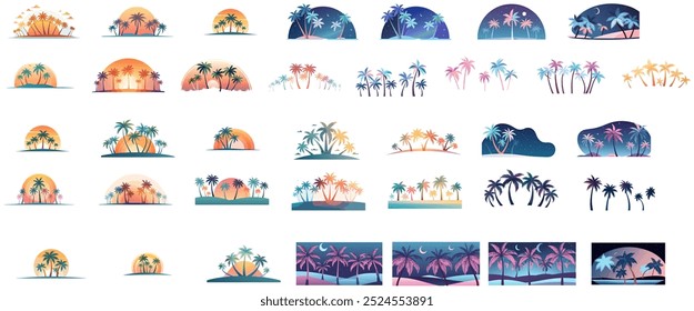 This illustration features an abstract representation of tropical palm trees swaying in the wind