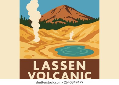 This illustration features the active geothermal features of Lassen Volcanic National Park, with hot springs and steam vents surrounding the volcano