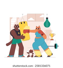 This illustration features anthropomorphic cats in a gym setting, showcasing a fitness motivation scene. The trainer encourages the runner on the treadmill, highlighting an energetic and playful