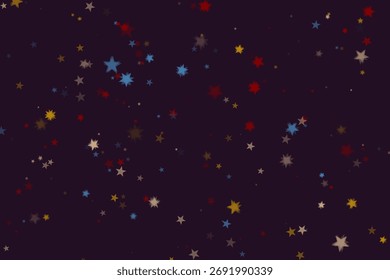 Esta ilustração apresenta uma série de confetes isolados em forma de estrela em tons vermelhos, amarelos, marrons, azuis e esbranquiçados espalhados sobre um fundo roxo escuro.