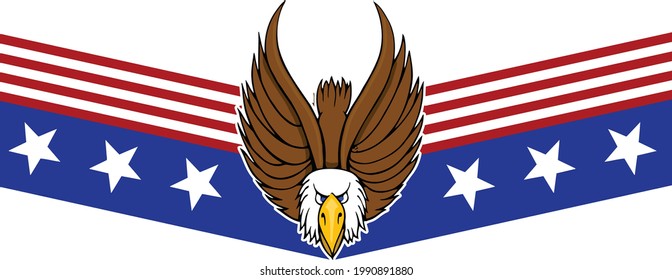This illustration features a bald eagle diving down into line red white and blue stars and stripes.