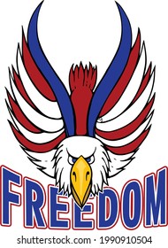 This illustration features a bald eagle with spread red white and blue wings diving down towards the word freedom. 