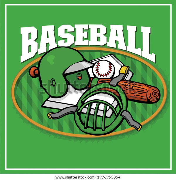 This\
illustration features baseball equipment including helmet, bat,\
baseball, catcher\'s mask and home base.\
