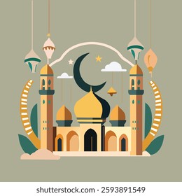 This illustration features a beautifully stylized mosque with golden domes and towering minarets, set against a soft green background. A prominent crescent moon and star symbolize the spirit of Eid, w