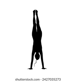 Diese Illustration zeigt eine schwarze Silhouette eines Mädchens, das einen Handstand auf weißem Hintergrund aufführt. Es fängt die Eleganz und Stärke von Gymnastik und Akrobatik ein. Das Bild strahlt Anmut, Ausgewogenheit aus