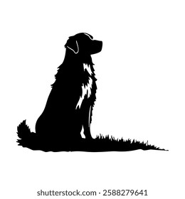 This illustration features the black silhouette of a dog sitting on a patch of grass. The dog appears to be a long-haired breed, with detailed fur around the neck and chest area.