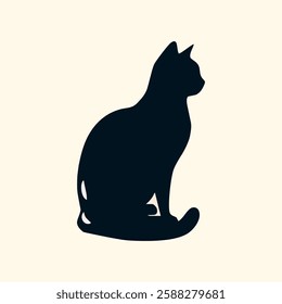 This illustration features a black silhouette of a sitting cat, depicted in profile and facing to the left. The cat's tail is curled around its body, capturing the graceful and elegant posture.