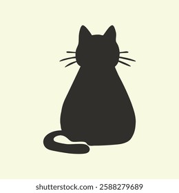 This illustration features a black silhouette of a cat sitting with its back facing the viewer. The cat's tail is curled around its body, and its whiskers are visible.