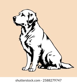 This illustration features a black and white depiction of a dog sitting on its hind legs. The dog appears to be a large breed, possibly a Golden Retriever or similar, with detailed fur texture.