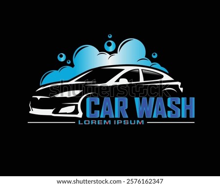 This illustration features a blue car wash logo with a white car logo and bubble wash. It is suitable for banners, catalogs, and visit cards.