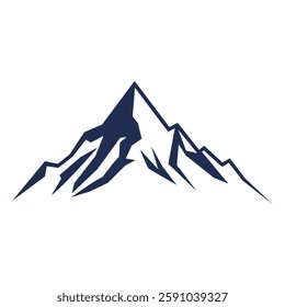 This illustration features a bold and minimalist depiction of a mountain range with sharp, angular peaks. The mountains are represented in a solid dark blue color.