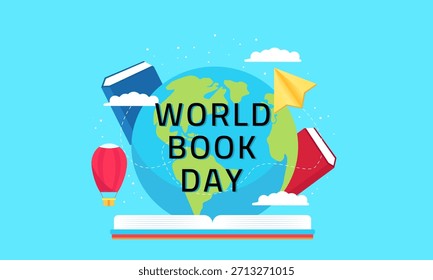 This illustration features a bright, flat design to celebrate World Book Day, symbolizing the global importance of reading, knowledge, and literacy.