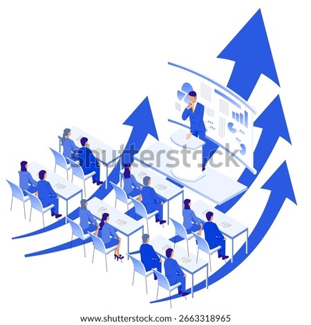 This illustration features a business training or corporate seminar presentation with a large upward arrow, symbolizing growth and improved results. 
