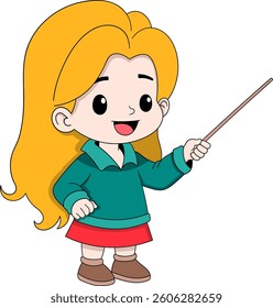This illustration features a cartoon girl with long blonde hair, wearing a green sweater and red skirt, smiling while holding a pointer stick as if explaining something