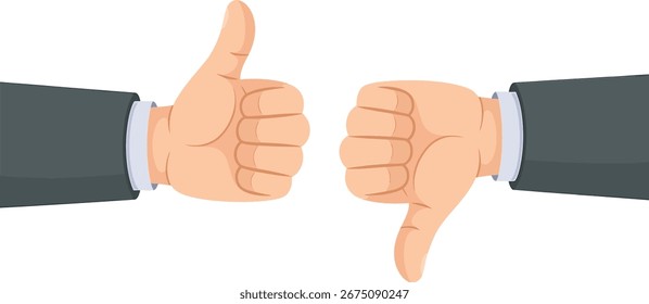 Esta ilustração apresenta mãos de desenho animado dando um polegar para cima e polegar para baixo, representando acordo e desacordo. Ideal para transmitir conceitos de aprovação, rejeição, feedback positivo e negativo