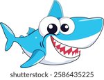 This illustration features a cartoon shark with a bright blue body and a white underbelly. The shark has large, expressive eyes with black pupils and a wide, friendly smile that reveals sharp teeth.