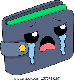  This illustration features a cartoon wallet with a sad expression and tears, symbolizing financial struggles or spending concerns