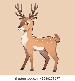 This illustration features a cartoon-style deer with large antlers, a light brown coat with white spots on its back, and a white underbelly. The background is a solid beige color.