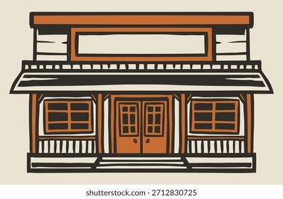 Esta ilustración presenta un edificio encantador con un acogedor porche y Grandes ventanas. El diseño muestra líneas simples y colores cálidos perfectos para un ambiente acogedor.