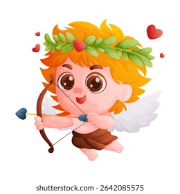 This illustration features a charming cupid character, ready to spread love this Valentines Day. Hes aiming an arrow with heart tip, with hearts floating around him.