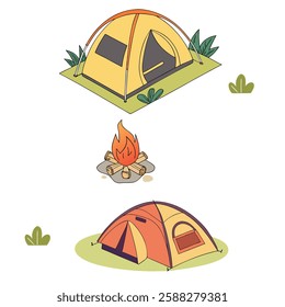 This illustration features a charming outdoor camping scene with two different tents and a campfire. The top tent is yellow with a black window and door, set on a green patch with some plants.