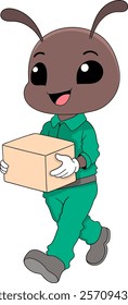 This illustration features a cheerful courier mascot resembling an ant, dressed in a green uniform and carrying a delivery box with a smile